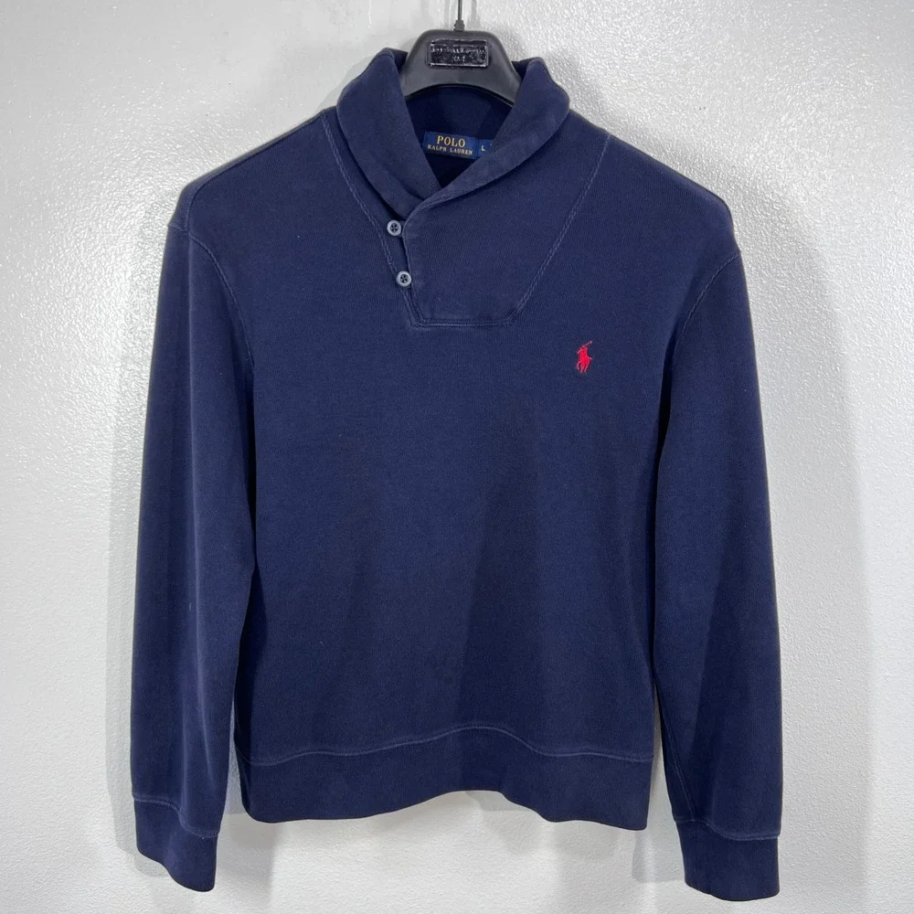 Polo Ralph Lauren Navy Shawl Collar Sweatshirt‎ L 100% Cotton Pullover Red Pony